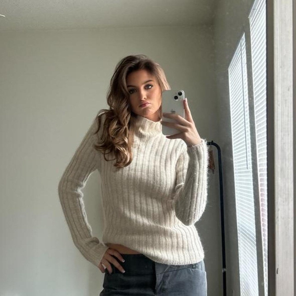 vintage 90s cream ribbed angora wool blend mock neck sweater